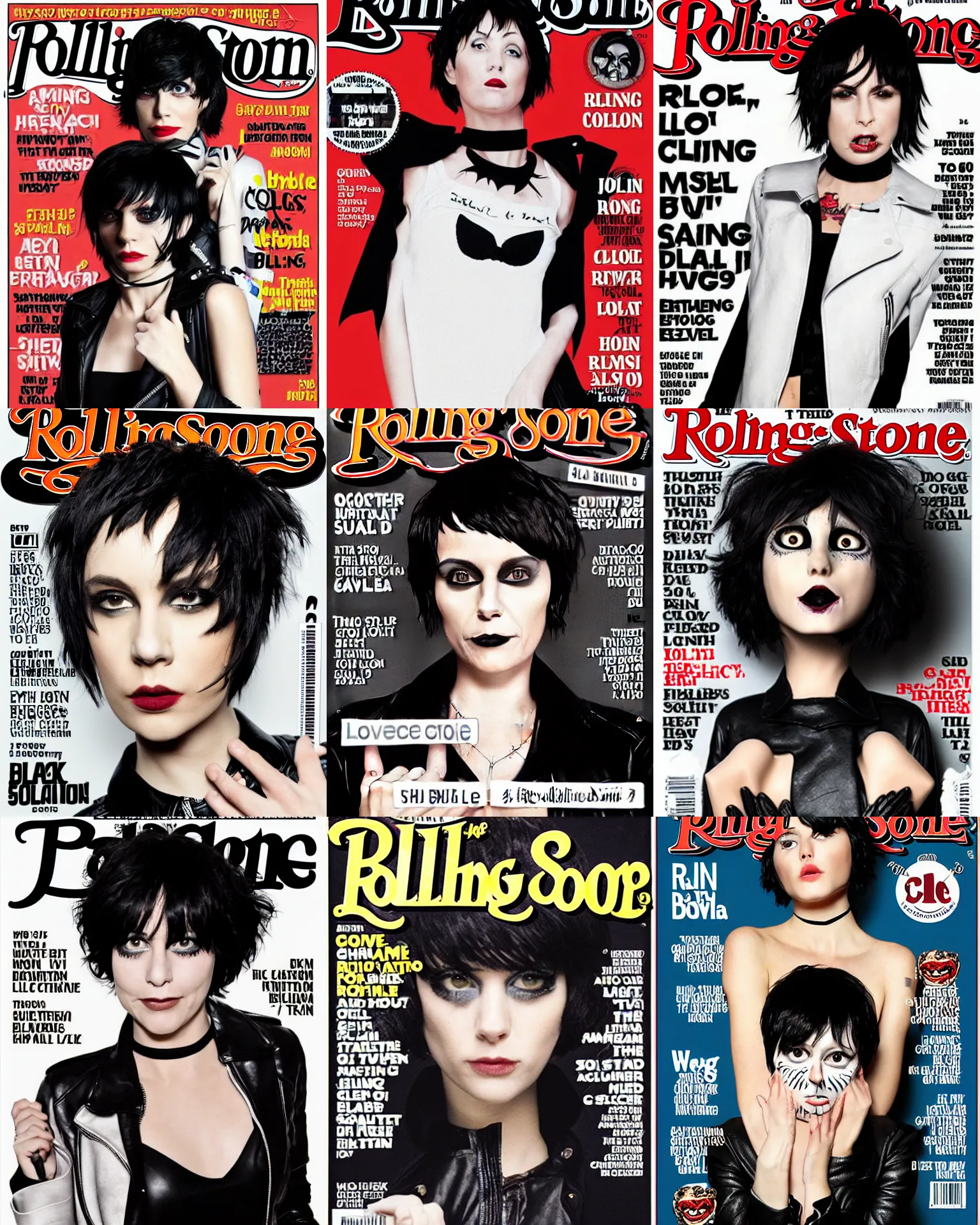 Prompt: The cover of Rolling Stone magazine. She has large evil eyes with entirely-black sclera!!!!!! Her hair is dark brown and cut into a short, messy pixie cut. She has a slightly rounded face, with a pointed chin, and a small nose. She is wearing a black leather jacket, a black knee-length skirt, a black choker, and black leather boots.