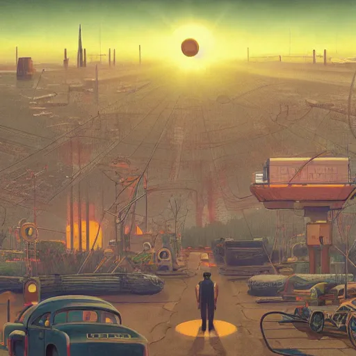 Prompt: An atompunk city with the sun shining through the clouds,in utopia by Simon Stålenhag In style of Grant Wood.hyper detailed,8K Resolution.oil on canvas