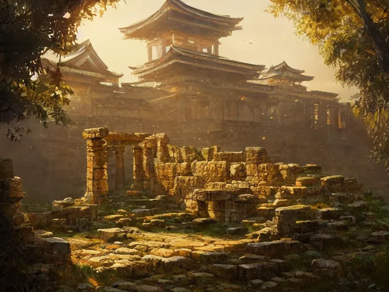 Image similar to ancient city ruins, ⛩, oil painting, 8 k, beautiful, vine, golden light, highly detailed, smoothly, artstation, cinematic, by wlop, by greg rutkowski, by artgerm