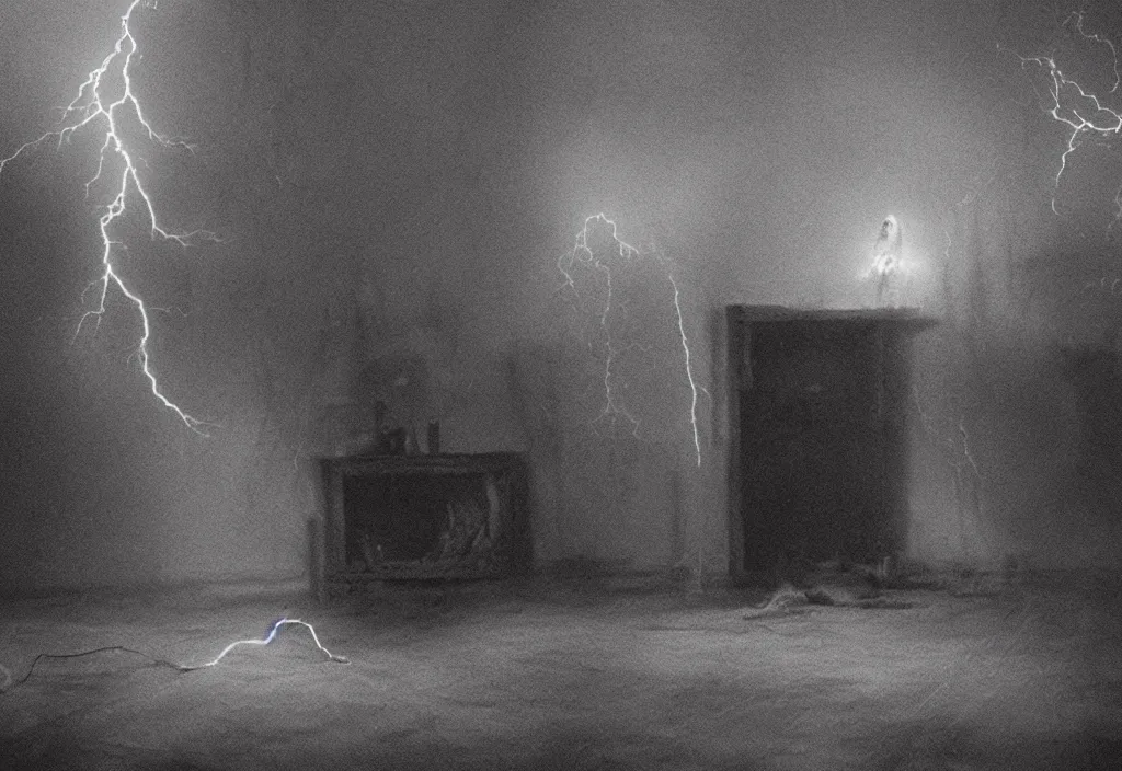 Prompt: a innatural and tragic dead ghost in a room of a haunted house. realistic, cinematic lightning, octane tender, dark - art