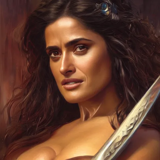 Image similar to a portrait of Salma Hayek as a barbarian, detailed, centered, digital painting, artstation, concept art, donato giancola, Joseph Christian Leyendecker, WLOP, Boris Vallejo, Breathtaking, 8k resolution, extremely detailed, beautiful, establishing shot, artistic, hyperrealistic, beautiful face, octane render