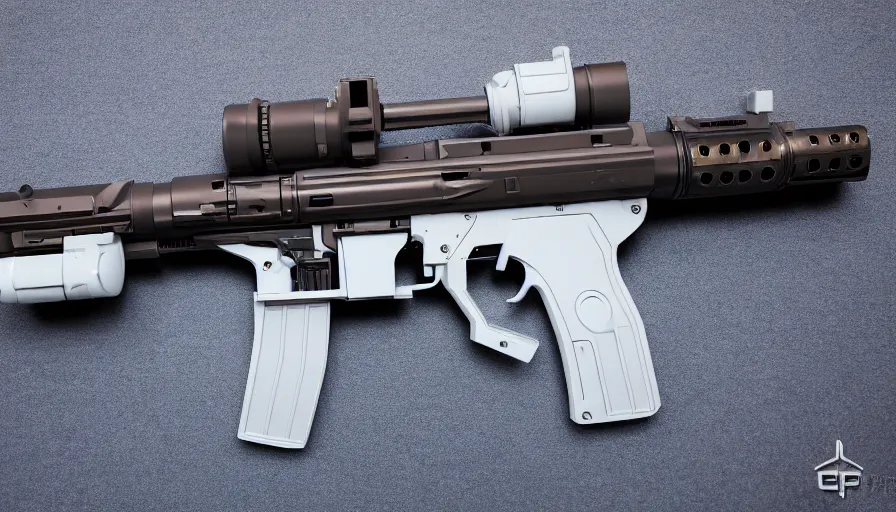 Image similar to extremely detailed realistic side view of a sci fi bullpup laser rifle, detailed trigger, chemically propelled, battery powered, smooth streamline, battery and wires, railgun, chemrail, gauss, elegant sleek smooth body, white paint, smooth utopian design, ultra high quality, minimalist, octane, cod, destiny, warframe, terminator