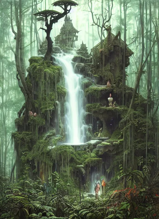 Image similar to a hyper realistic architectural witch shrine under a waterfall in the woods, gorgeous lighting, lush forest foliage, painting by chiara bautista and tom bagshaw, muca beksinski and norman rockwell and greg rutkowski weta studio, and lucasfilm