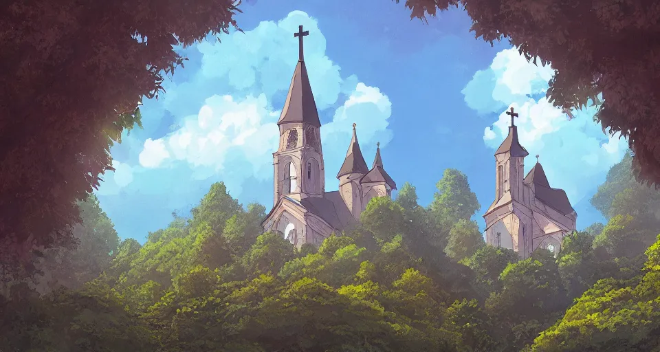 Prompt: view of a catholic church on a forested mountain, in the style of studio ghibli, distant, detailed, artstation, award winning painting,