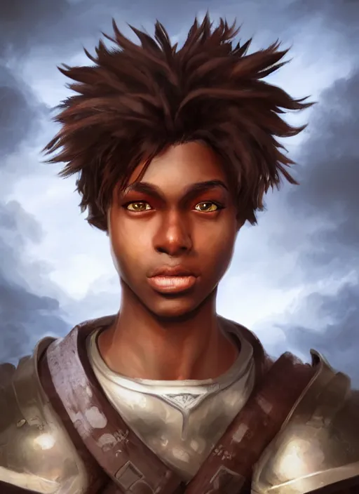 Image similar to An epic fantasy comic book style portrait painting of a dark skinned long haired boy with intelligent eyes, unreal 5, DAZ, hyperrealistic, octane render, cosplay, RPG portrait, dynamic lighting