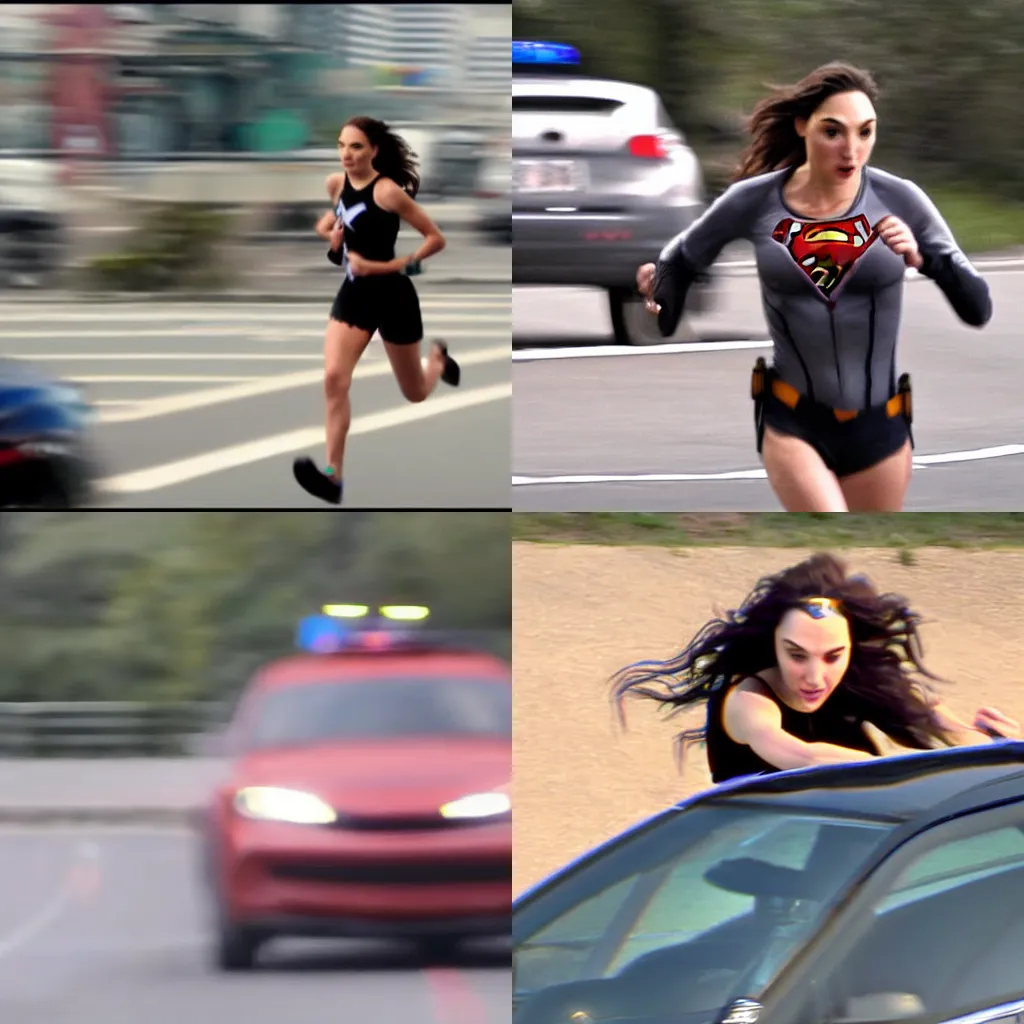 Prompt: dash cam footage gal gadot running from the cops real fast motion blur 5 stars