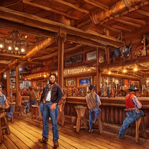 Image similar to old western saloon interior, extremely detailed, sharp focus, wide view, full body shot, smooth, digital illustration, by james jean, by rossdraws, frank franzzeta, sakimichan