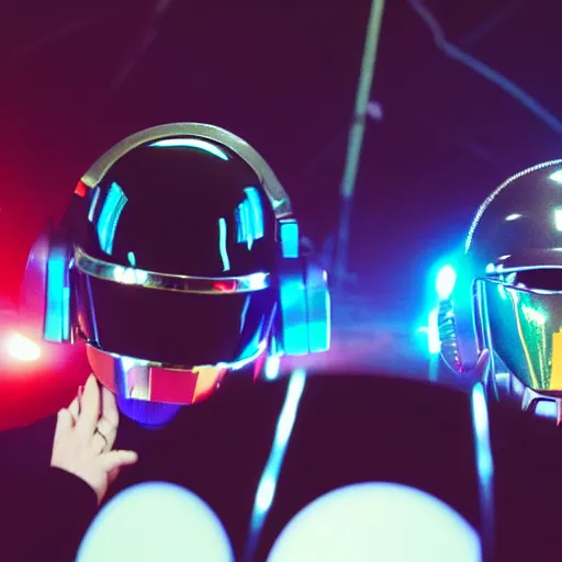 Image similar to daft punk djing at a huge rave with lots of people, chromatic aberration, 8 0 s film, bokeh depth of field