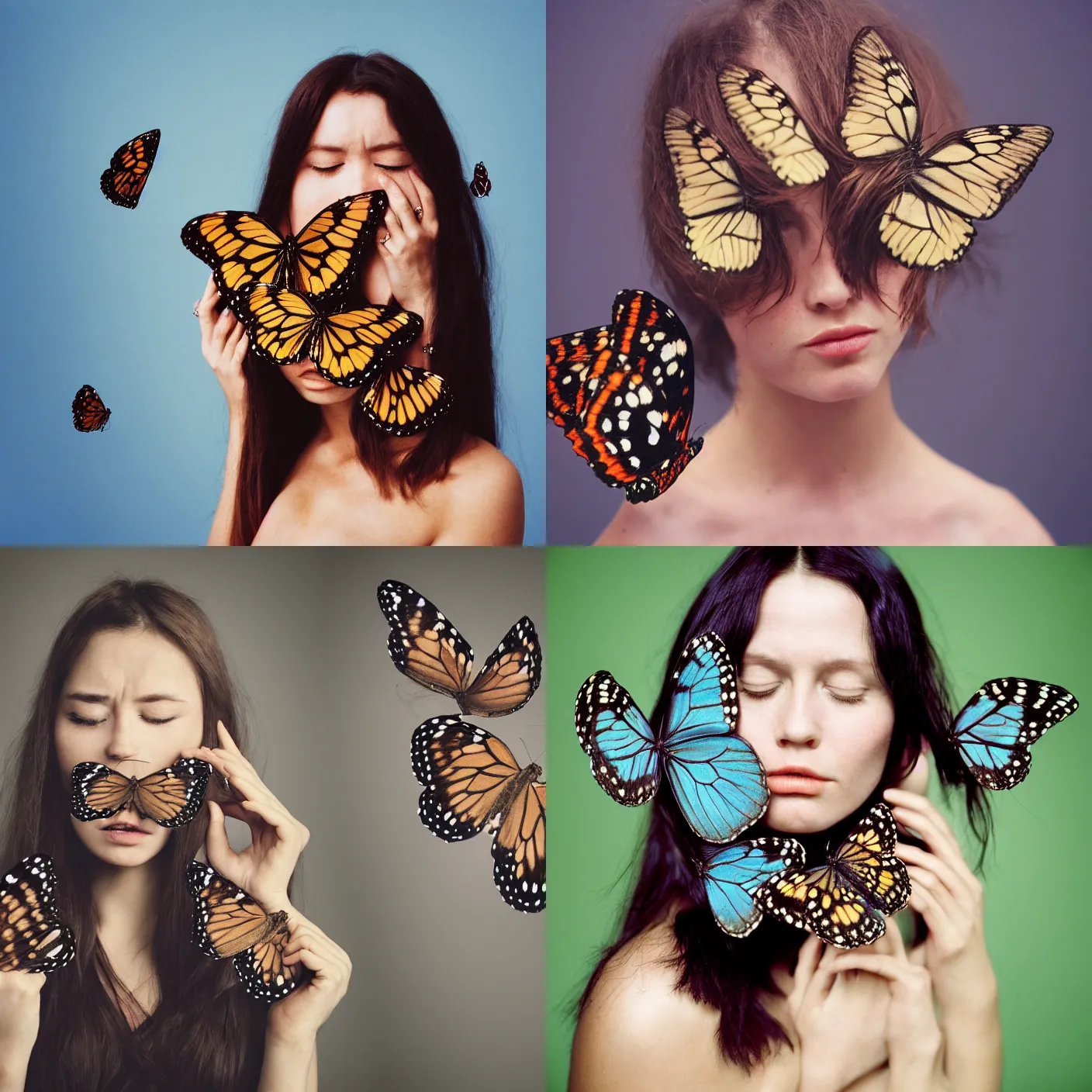 Prompt: head and shoulder 8 5 mm portrait analog photography of a woman with big oversized butterflies over her face by mark owen. long hair. vogue. closed eyes. kodak portra. depth of field. detailed. hq. realistic. muted colors. mamiya 7 ii, f / 1. 2, symmetrical balance, in - frame