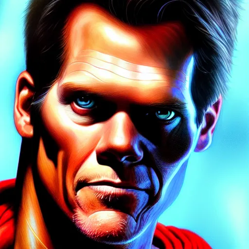 Image similar to Portrait of Kevin Bacon as Superman, fantasy, horror, intricate, highly detailed, digital painting, trending on artstation, sharp focus, illustration, style of Stanley Artgerm