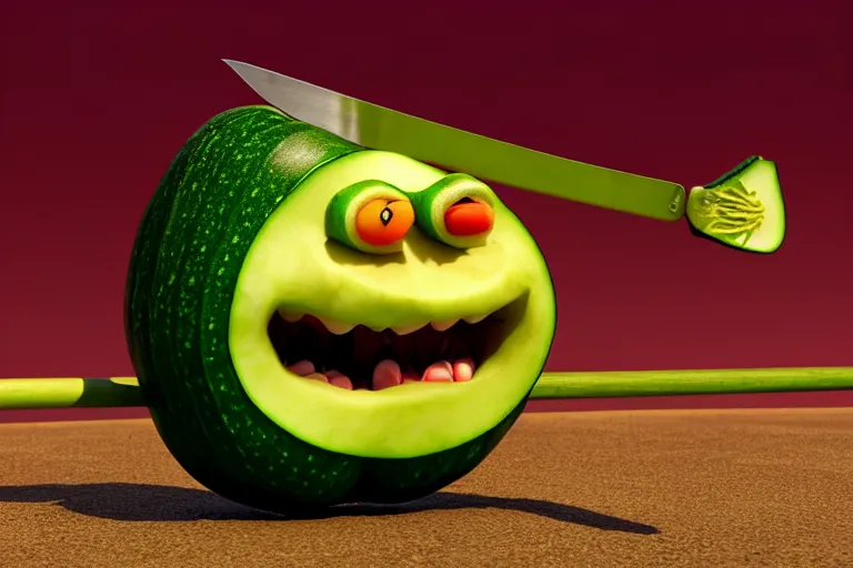 Image similar to detailed 3 d render of a mad zucchini with a long sword chasing after a panicking tomato, hyper realistic octane render, dramatic lighting, high speed chase, wide angle, nightmare, adult pixar surrealism