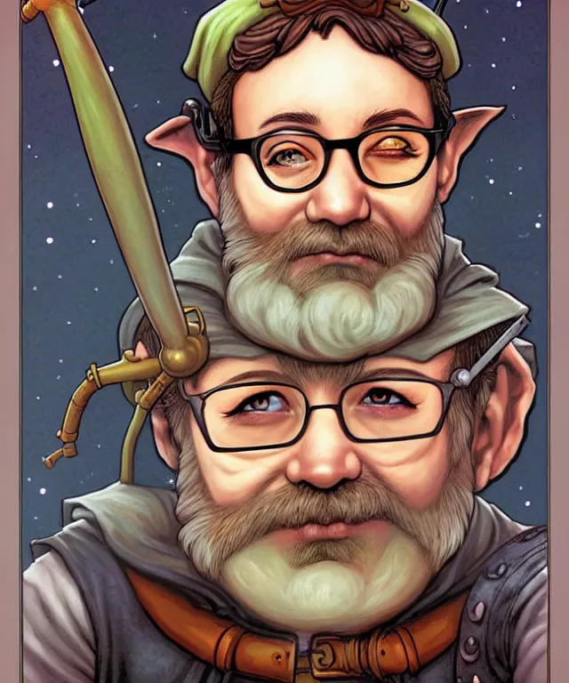 Image similar to a ( fantasy comic ) ( cover art ) portrait of a gnome tinkerer who looks like ( rick moranis ), digital illustration by jenny frison and sana takeda and kentaro miura, fine inking lines, dnd, highly detailed!, hd, 4 k, trending on artstation