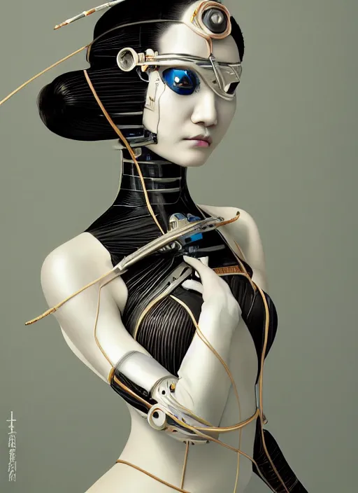 Image similar to portrait of a futuristic geisha cyborg, kintsugi, modern fine art, fractal, intricate, elegant, highly detailed, digital photography, subsurface scattering, in the style of ghost, by jheronimus bosch and yue minjun and greg rutkowski,