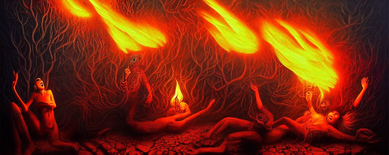 Prompt: wild emotion and thought creatures repressed in the depths unconscious of the psyche lead by baba yaga, about to rip through and escape in a extraordinary revolution, dramatic fire glow lighting, surreal painting by ronny khalil