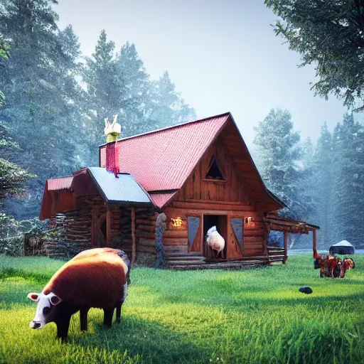 Image similar to a cabin in the woods with farm animals and friendly people, clash royal style characters, unreal engine 5, octane render, detailed, cinematografic, cinema 4 d, artstation trending