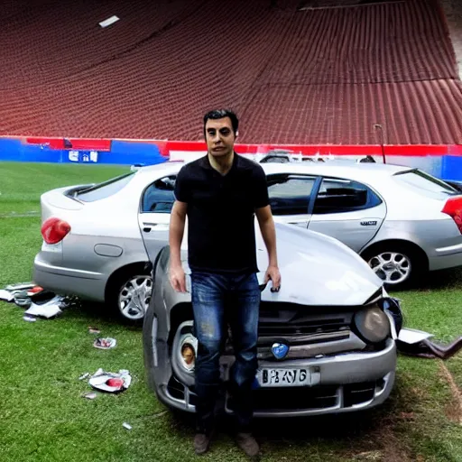 Image similar to xavi hernandez next to a crashed car, in estadio de vallecas