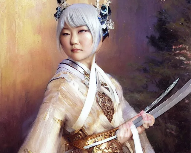 Image similar to a young japanese princess lady with white hair and bangs!!!!, posing with a sword, white hair highly detailed painting by gaston bussiere, craig mullins, j. c. leyendecker 8 k