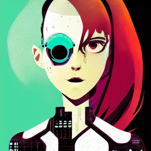 Prompt: Highly detailed portrait of a post-cyberpunk young lady with, freckles and cool hair, with robotic facial enhancements by Atey Ghailan, by Loish, by Bryan Lee O'Malley, by Cliff Chiang, inspired by image comics, inspired by graphic novel cover art, inspired by nier, inspired by scott pilgrim !! Gradient green, black and white color scheme ((grafitti tag brick wall background)), trending on artstation
