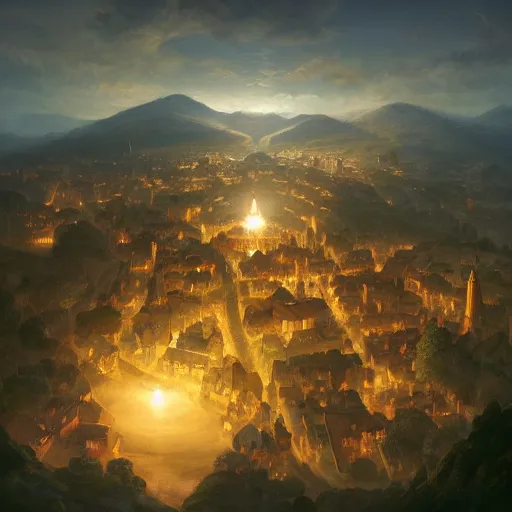 Image similar to aerial view of a hilly medieval town situated below an orb of light hanging in the sky. bright orb, by alan lee by peter mohrbacher, trending on artstation sharp focus vfx key shot