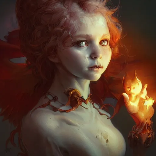 Image similar to cute baby demon in hell, intricate, highly detailed, digital painting, artstation, concept art, smooth, sharp focus, illustration, Unreal Engine 5, 8K, art by artgerm and greg rutkowski and alphonse mucha