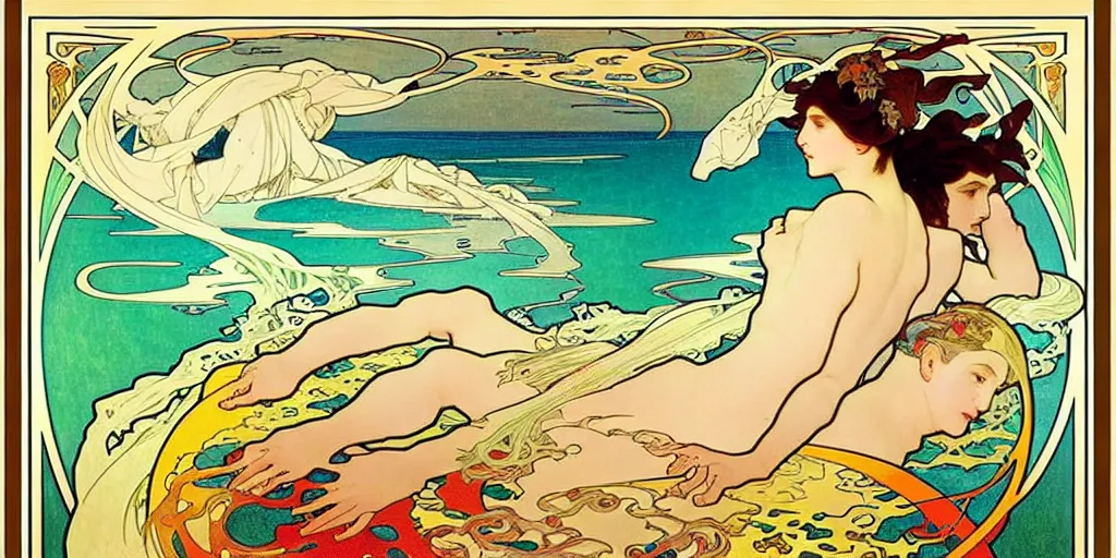 Prompt: “ ( ( ( ( ( boat on fire in rough ocean waves ) ) ) ) ) painted by james jean and alphonse mucha!!!!!!!!!!!!!!!!!!!!! ”