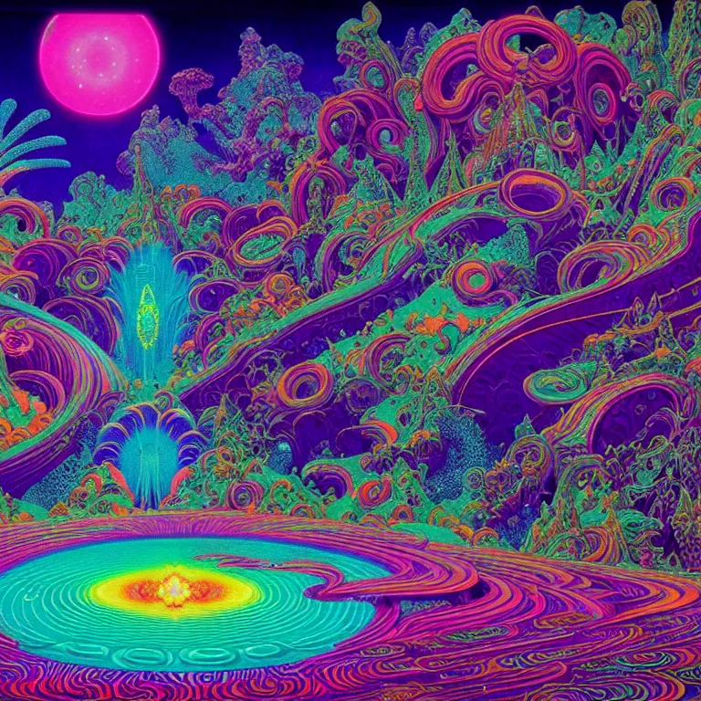 Prompt: cosmic third eye, magical crystal temple, psychedelic waves radiating, infinity, bright neon colors, highly detailed, cinematic, hiroo isono, eyvind earle, philippe druillet, roger dean, lisa frank, aubrey beardsley, ernst haeckel