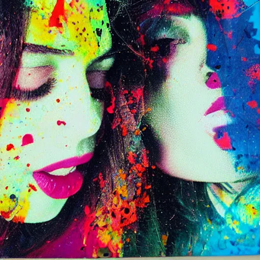Image similar to double exposure of two women kissing ( closeup ) and a psychedelic painting, lomography. this photograph is subsequently printed out and splattered with paint. mixed media collage art with magazines and found art