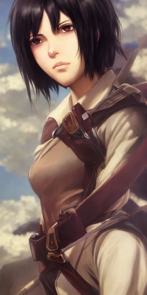 Image similar to mikasa ackerman, hero pose, medium shot, bokeh, beautiful face!!!!, 2 7 years old, cg animation, lifelike, animated, realistic, character select portrait, by artgerm, greg rutkowski, alphonse mucha, 3 d