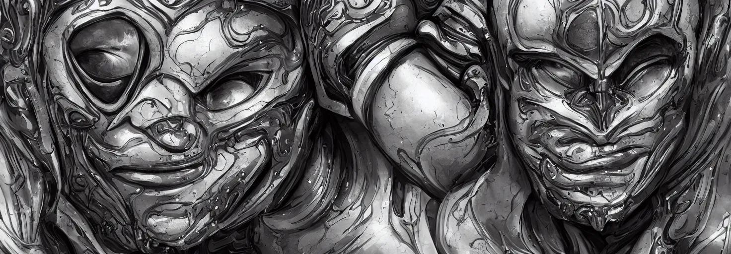 Image similar to engineer alien face by Artgerm, alien, highly detailed, symmetrical long head, smooth marble surfaces, detailed ink illustration, raiden metal gear, cinematic smooth stone, deep aesthetic, concept art, post process, 4k, carved marble texture and silk cloth, latex skin, highly ornate intricate details, moody lighting, hr geiger, hayao miyazaki, by Artgerm