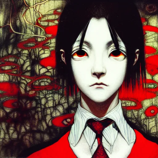 Prompt: yoshitaka amano blurred and dreamy realistic three quarter angle horror portrait of a sinister young woman with short hair, and red eyes wearing a lot of jewellery and office suit with tie, junji ito abstract patterns in the background, satoshi kon anime, noisy film grain effect, highly detailed, renaissance oil painting, weird portrait angle, blurred lost edges