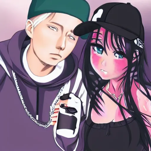 Image similar to anime art , hip-hop girl rapping with Eminem