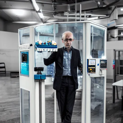 Image similar to A random pointless contraption pneumatic machine with no apparent purpose, being operated by a scholarly looking man with a clear directed gaze, XF IQ4, f/1.4, ISO 200, 1/160s, 8K, RAW, unedited, symmetrical balance, in-frame