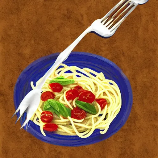 Prompt: an spaguetti eating forks, digital art