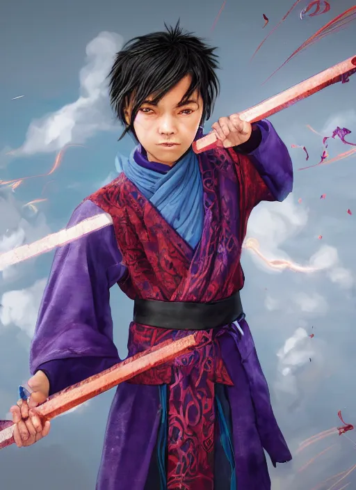Image similar to An epic fantasy comic book style portrait painting of a young boy with straight indigo hair, purple eyes with red eye markers, slim body, wearing a detailed Japanese kimono with traits of the god Fuujin, holding a pair of fans. Unreal 5, DAZ, hyperrealistic, octane render, cosplay, RPG portrait, dynamic lighting