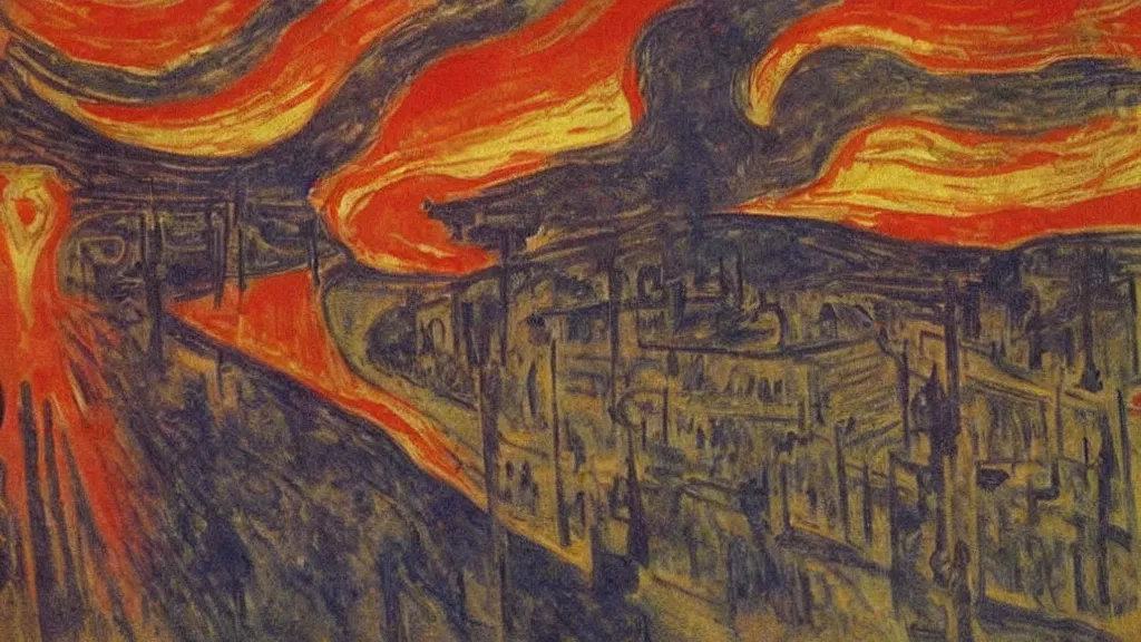 Prompt: a burning town, tragic painting by edvard munch