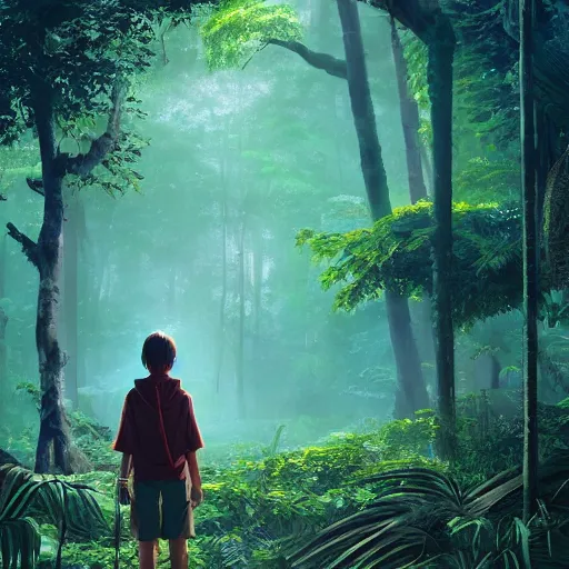 Image similar to alone person facing the desperate call of the void, organized suburb in jungle forest, unreal 5 render, vivid colors, high detail, clear weather, studio ghibli, history painting, digital art, octane render, beautiful composition, trending on artstation, award - winning photograph, masterpiece