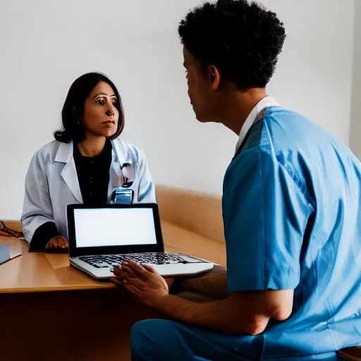 Image similar to A doctor consulting a patient using video conferencing, Canon EOS R3, f/1.4, ISO 200, 1/160s, 8K, RAW, unedited, symmetrical balance, in-frame
