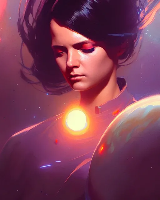 Prompt: masterpiece concept art, a beautiful highly detailed sci - fi lady fly near asteroids, extremly emotional, cinematic moody colors, realistic shaded lighting poster by ilya kuvshinov, magali villeneuve, artgerm, jeremy lipkin and michael garmash and rob rey,