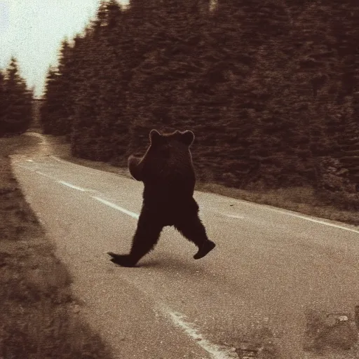 Prompt: dystopian grunge disposable camera photo of bear running towards you | horror | nightmare