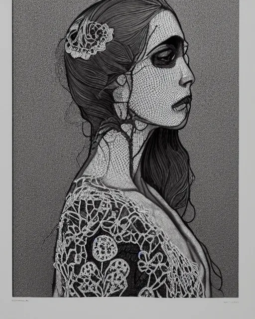 Image similar to a woman's face in profile, made of intricate decorative lace skeleton, in the style of the dutch masters and gregory crewdson, dark and moody