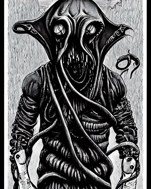 Prompt: cthulhu cultist in straitjacket!! black ink on paper, trending on artstation, beautiful, intricate, detailed