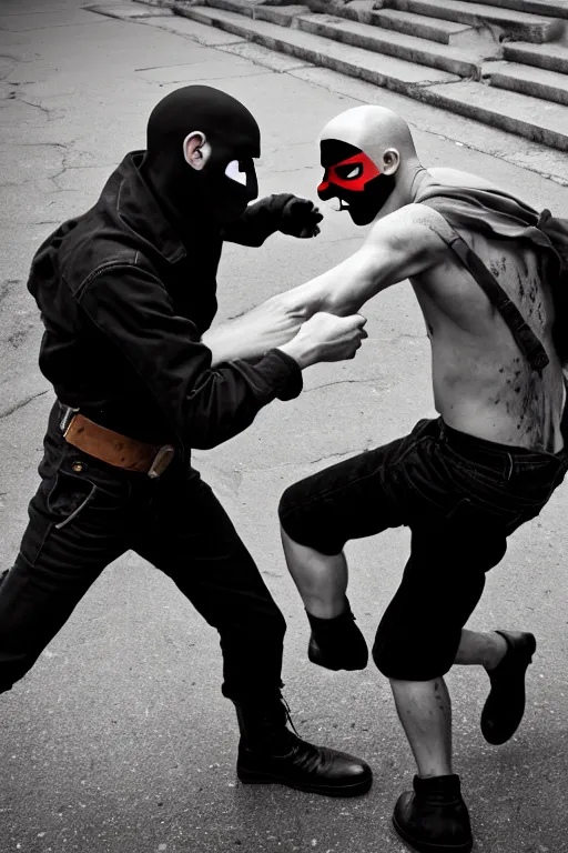 Image similar to nazi skinhead fight with masked antifa, high resolution, photorealistic, smooth, details, 4 k, aesthetic lighting, baroque object, sharp focus, hyperdetailed object, professional photography, pullitzer winning, 8 0 0 photo by : canon eos 5 d mark iv, by karah mew and adnan abidi and jodie bateman