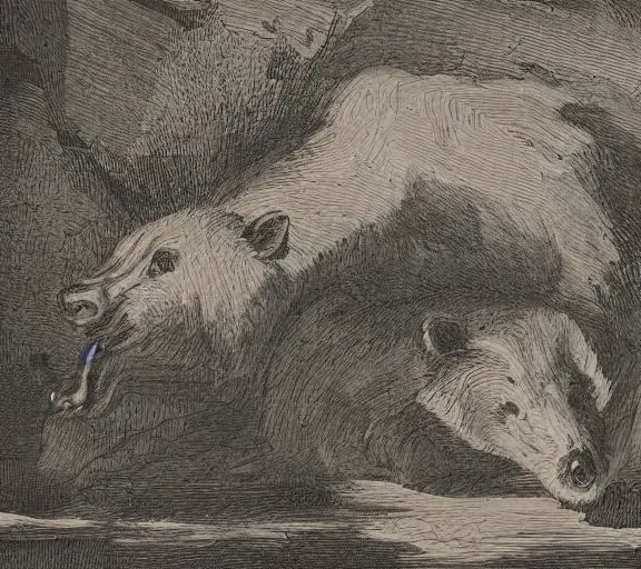 Prompt: viewer looking into dark cave and seeing a mother bear and her cubs sleeping, night time, artwork by Pieter Claesz, cross hatching, framed painting hanging over couch