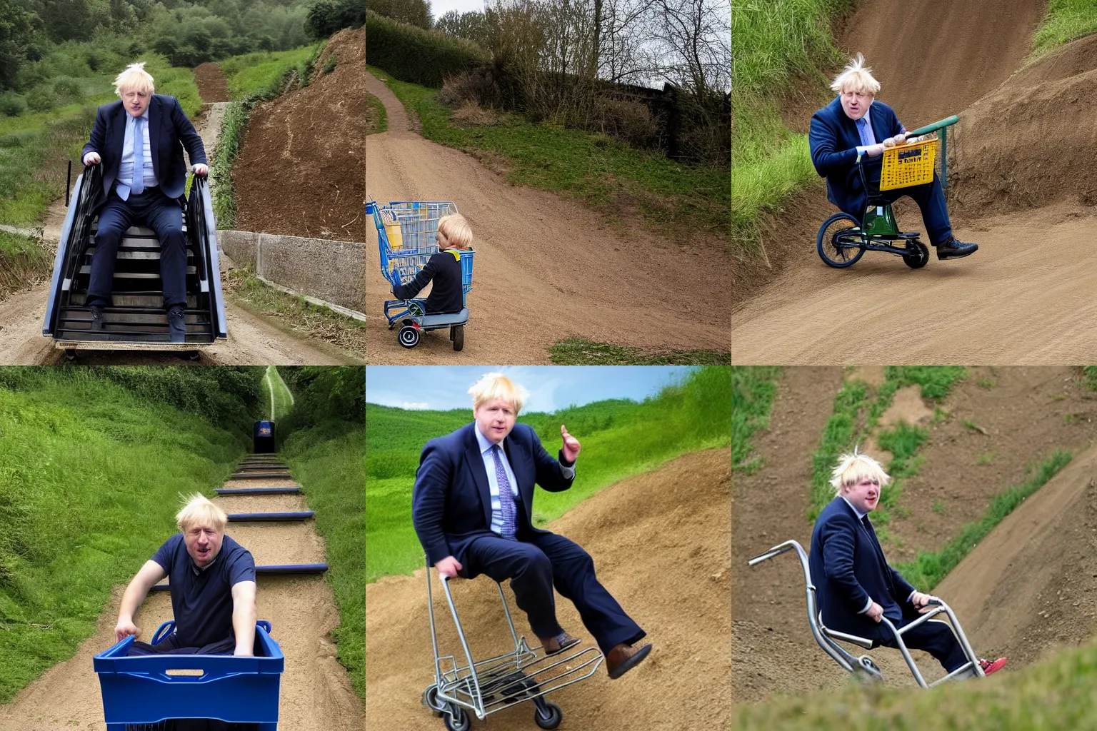 Prompt: Boris Johnson sitting in a shopping cart rolling down a steep dirt ramp in a rural area