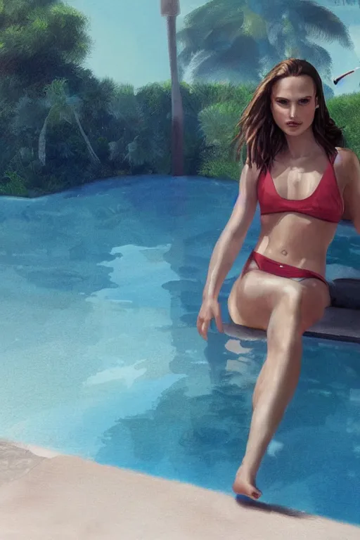 Image similar to Natalie Portman Next to the pool,digital art,ultra realistic,ultra detailed,art by greg rutkowski