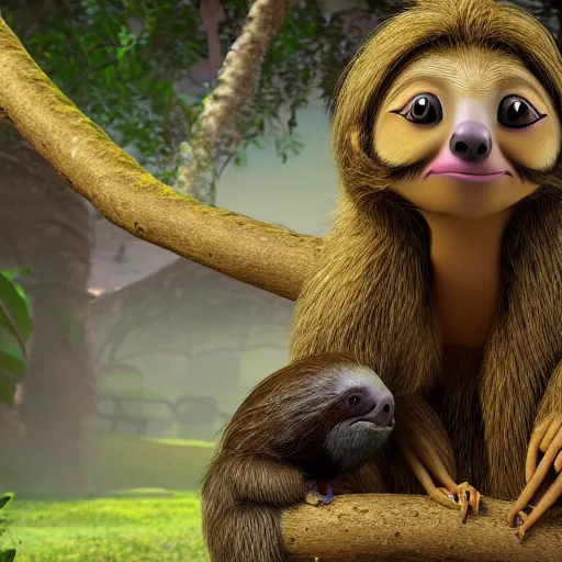 Prompt: a beautiful young indian cottagecore witch holds a cute sloth, traditional disney animation, highly detailed, still from movie, 8 k render