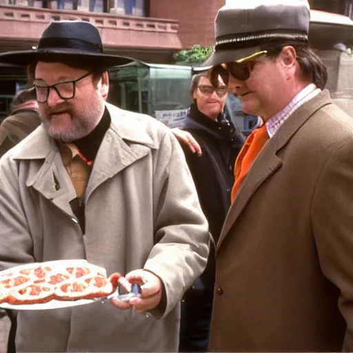 Prompt: Stephen Root as Jimmy James ordering a hot dog from a vendor in Central park in the 1990s