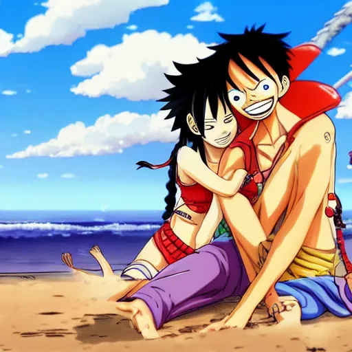 Image similar to luffy from one piece, anime art, pixiv, luffy is on the beach with nami