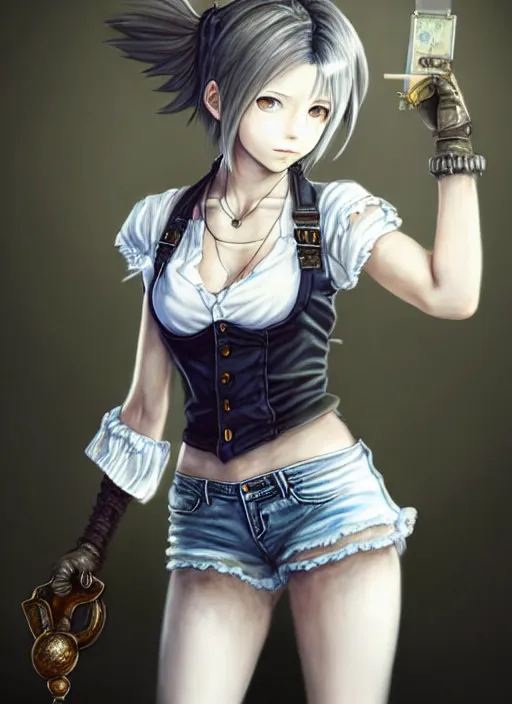 Image similar to a portrait of catgirl wearing white vest, and denim shorts an ultrafine detailed painting, detailed painting, detailed eyes!!, final fantasy octopath traveler lovecraft cosmc horror