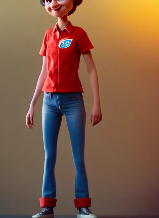 Prompt: a young woman working at burgerking in 1 9 8 5, pixar character design, rendering, artstation trending, cgsociety, golden ratio, octane render, ray traced, 8 k